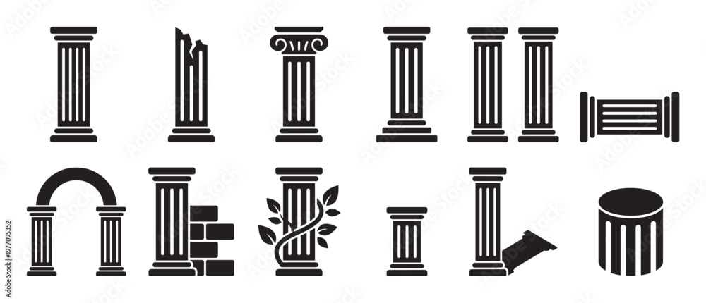 Fototapeta premium Various black silhouette column icons are arranged in rows, showcasing different architectural styles and conditions, from intact to broken
