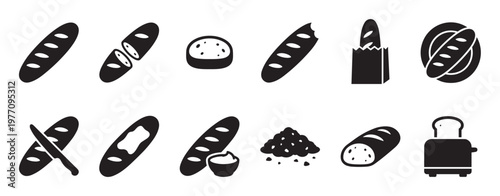 Collection of black silhouette bread icons depicting various forms of baguettes, sliced loaves, and a toaster