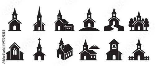 Collection of various black church building icons with steeples and architectural details, presented in a clean, minimalist style