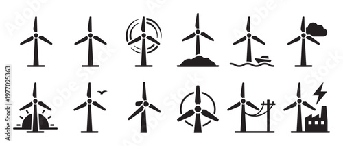 Collection of black wind turbine icons representing renewable energy sources and sustainable power generation