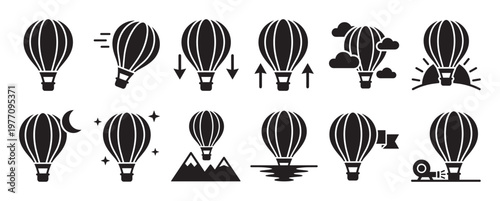 Collection of black hot air balloon icons depicting various actions and scenarios in a clean, graphic style
