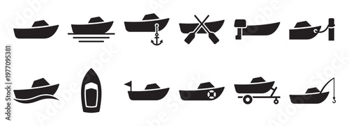Various black boat icons with different accessories and perspectives, including anchors, oars, motors, and fishing rods, presented in a clean, graphic style