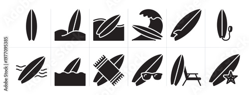 Collection of black surfboard icons depicting various beach and surfing scenarios with clean, bold shapes