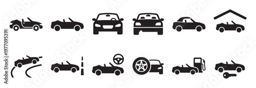 Collection of black silhouette car icons representing various convertible vehicle situations and services in a clean, modern graphic style