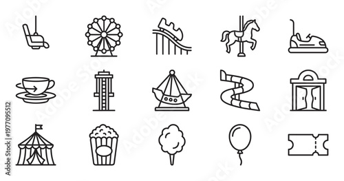 Collection of amusement park line icons including a Ferris wheel, roller coaster, carousel, and bumper car, presented in a clean, minimalist style