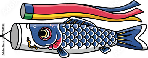 Blue Koinobori Carp Wind Sock and Streamer Japanese Traditional Design