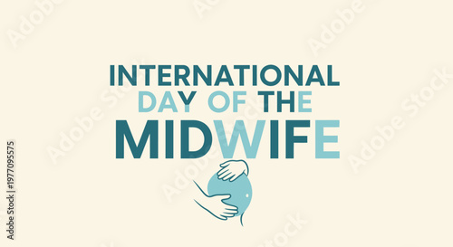 International Day of the Midwife illustration showing caring hands cradling a pregnant belly on a clean creamy white background.