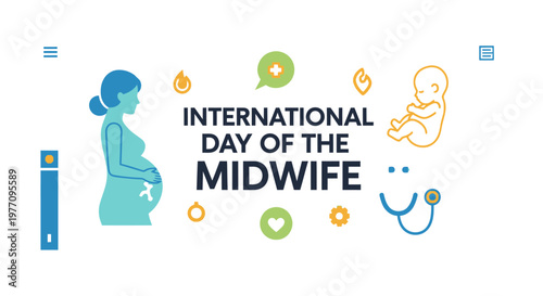 International Day of the Midwife illustration depicting a pregnant woman, fetus, stethoscope, and medical icons on an isolated white background.