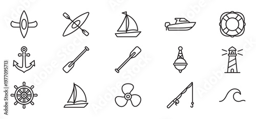 Collection of fifteen black outline nautical and marine icons, including boats, anchors, and a lighthouse, presented in a clean, minimalist style