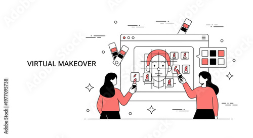 Virtual Makeover AR Beauty App Interface with Women Testing Lipstick