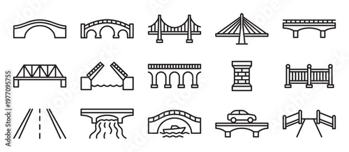Various bridge types and road elements are depicted in a collection of simple black outline icons, showcasing different architectural designs and transportation infrastructure