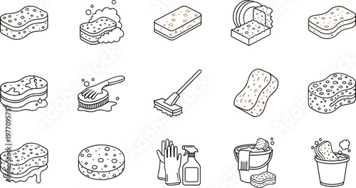 Set of Cleaning Icons Including Sponges, Brushes, Gloves, and Mops for Household, Hygiene, and Home Care Design Projects
