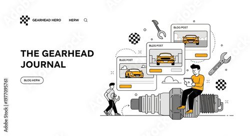 A web blog hero for car fans with big spark plug tools and cars now