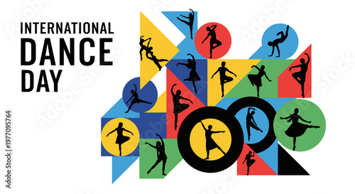 International Dance Day design featuring diverse silhouette dancers in dynamic poses within a vibrant geometric pattern on a white background.