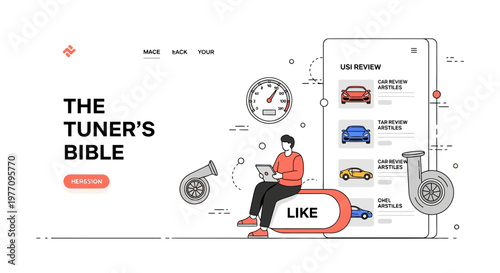 Car blog web site ui design with man and tablet and car parts fast now