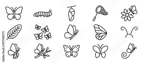 Collection of black outline butterfly and insect related icons, including a caterpillar, chrysalis, and net