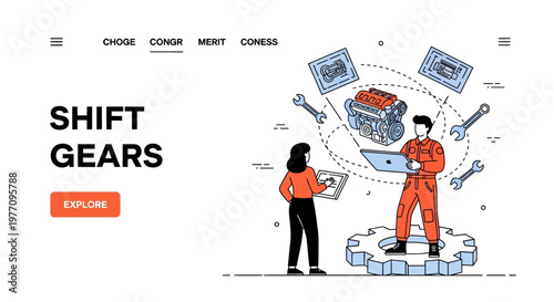 A car pro team work at shop to fix an engine gear shift tech tool