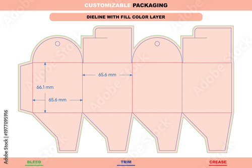 Customizable box packaging dieline template with dome-shaped flaps, featuring labeled bleed, trim, and crease lines with specific millimeter measurements