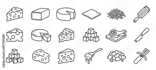 Various black outline cheese icons are neatly arranged in a grid, featuring different shapes, tools, and accompaniments in a clean, graphic style
