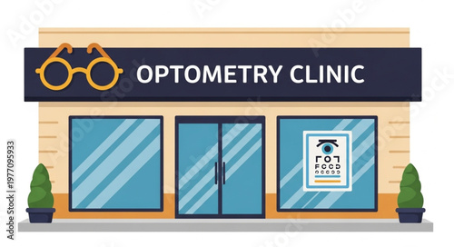 Optometry Clinic Building with Eye Chart and Glasses Sign.