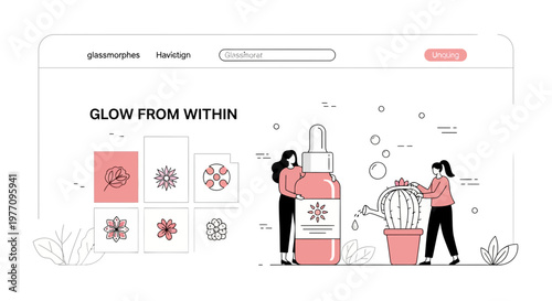 Beauty skincare website landing page design with organic serum bottle and cactus for healthy skin glow