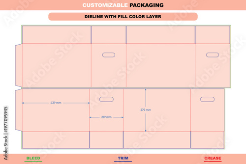 Customizable cardboard box dieline template with fill color layer, featuring trim, bleed, and crease lines with measurement annotations in millimeters