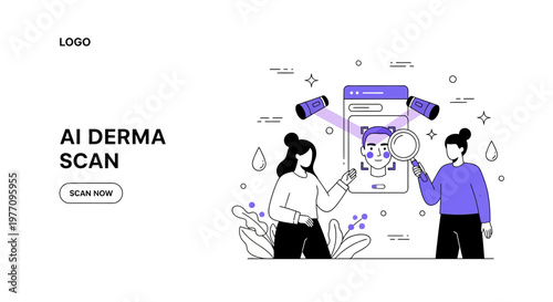 AI Derma Scan app for skin health and face care with women using phone tool for beauty