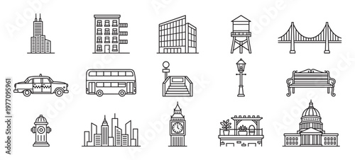 Collection of various city and urban elements presented as simple black outline icons on a clean white surface
