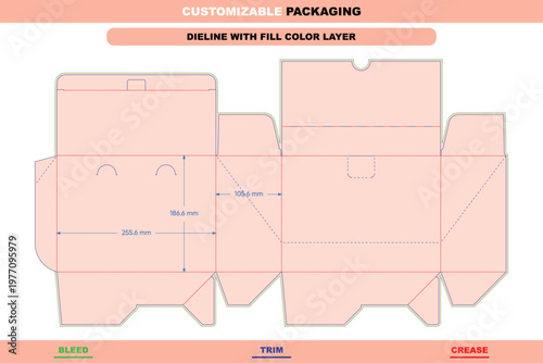 Customizable packaging dieline template with fill color layer, showing bleed, trim, and crease lines for a foldable box structure with dimensions