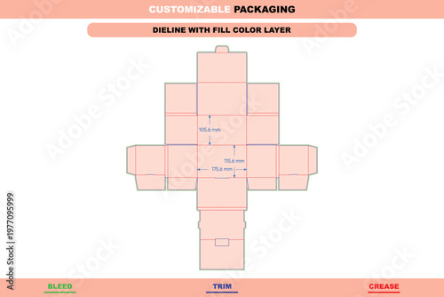 Customizable packaging dieline template with fill color layer, showing trim, crease, and bleed lines with dimension measurements for box assembly