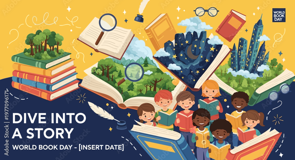 Obraz premium 'Dive Into a Story' Concept with Open Book Revealing Cityscape, Space, and Diverse Children Reading for World Book Day