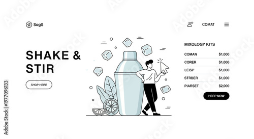 Professional landing page website design layout for cocktail mixology kit store featuring shaker ice lime