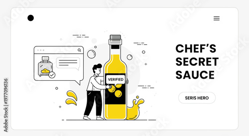 A chef with a big gold bottle of the best secret sauce for a web page