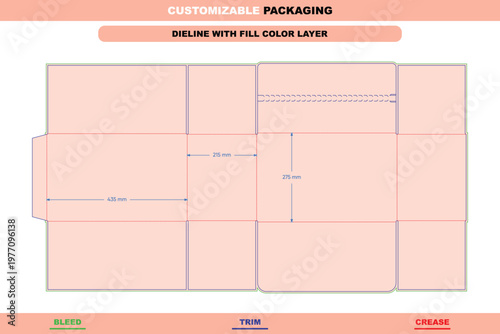 Customizable packaging dieline template with zipper tear strip, featuring structural fold lines, trim marks, and bleed areas in a flat layout
