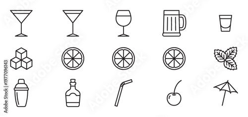 Various black outline icons representing cocktail ingredients and barware, including glasses, fruit, and accessories, presented in a clean, modern style