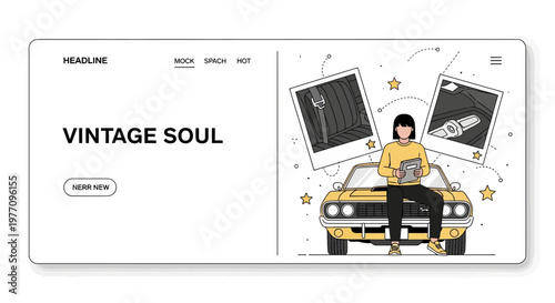 old car web page soul girl sit on auto art ink line style vector ui ux