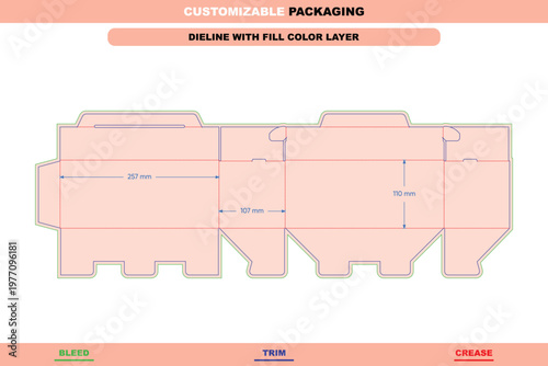 Customizable tuck end box dieline template with fill color layer, showing bleed, trim, and crease lines with 257mm, 107mm, and 110mm dimension labels