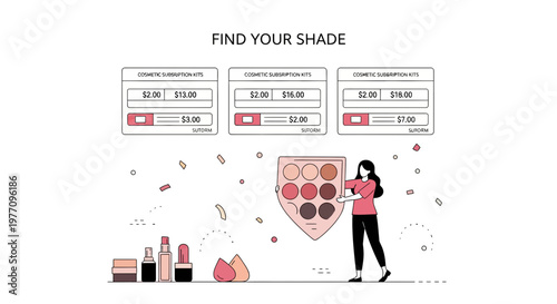 Girl chooses makeup shade from large palette while checking price list for new monthly cosmetic boxes