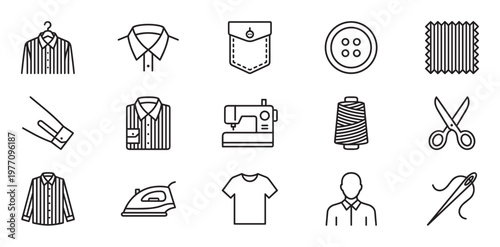 Collection of black outline icons representing various sewing and tailoring elements, including shirts, buttons, and tools