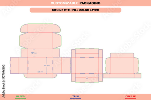 Double drawer tuck front box dieline template with fill color layer, fold structure and die line layout for product packaging and shipping
