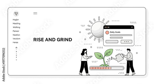 Rise and grind daily motivation landing page with people watering plant for goal progress and business growth success