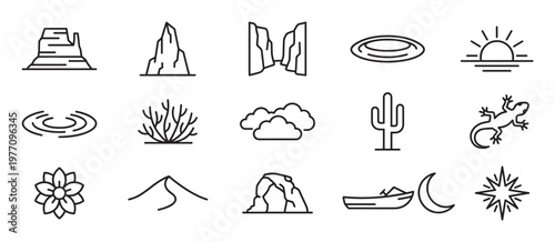 Collection of fifteen simple black line icons depicting various desert and nature elements, including mountains, flora, and celestial bodies
