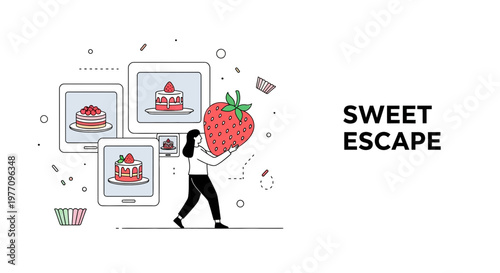 A girl with a big red strawberry at screens of cakes in an app layout