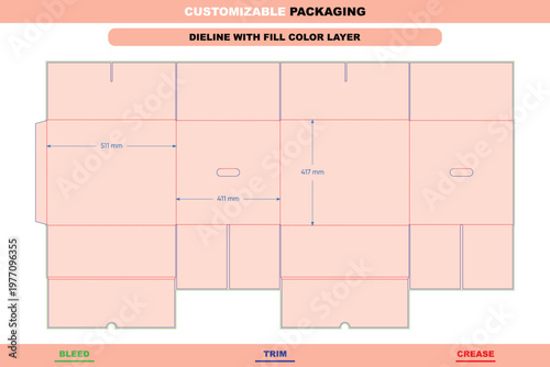 Flat cardboard box dieline template with dimensions, featuring a light pink fill, blue trim lines, red crease lines, and green bleed lines