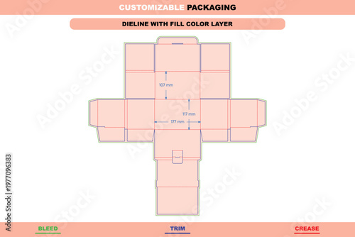 Flat dieline template for a rectangular folding box with security buckle, including bleed, trim, and crease lines with dimension annotations