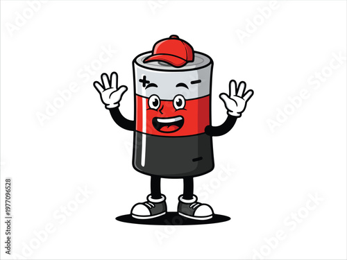 Animated cartoon battery character waving hands cheerfully with cap on