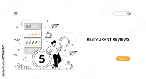 Man searches for five star restaurant reviews with magnifying glass on a modern website landing page