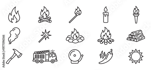 Collection of various fire-related outline icons, including flames, campfires, matches, candles, and a fire truck, presented in a clean, minimalist style