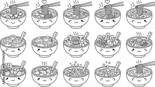 Colorful vector illustration of cute noodle bowls symbolizing joy, culture, and culinary creativity