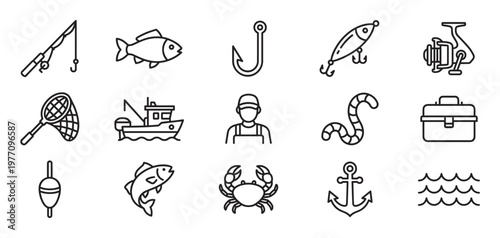 Collection of black outline fishing icons including a rod, fish, hook, lure, reel, net, boat, fisherman, worm, tackle box, bobber, crab, anchor, and waves